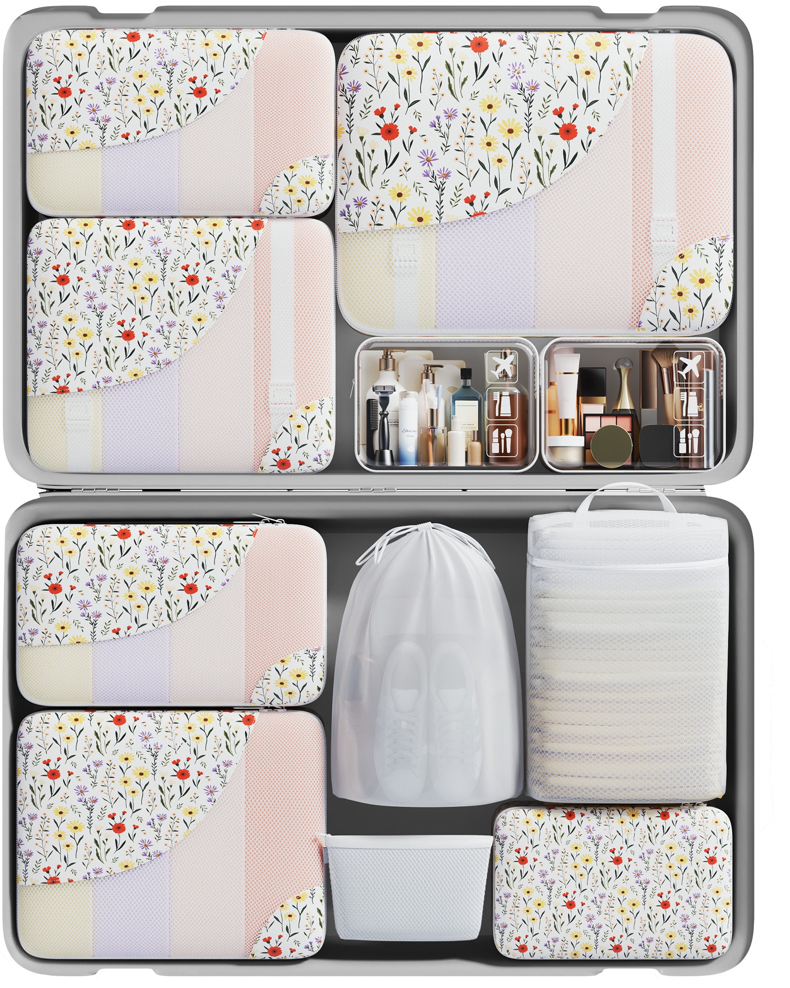 Travel Makeup Organizer M3V1 (6+5) 11-Piece Set White Floral