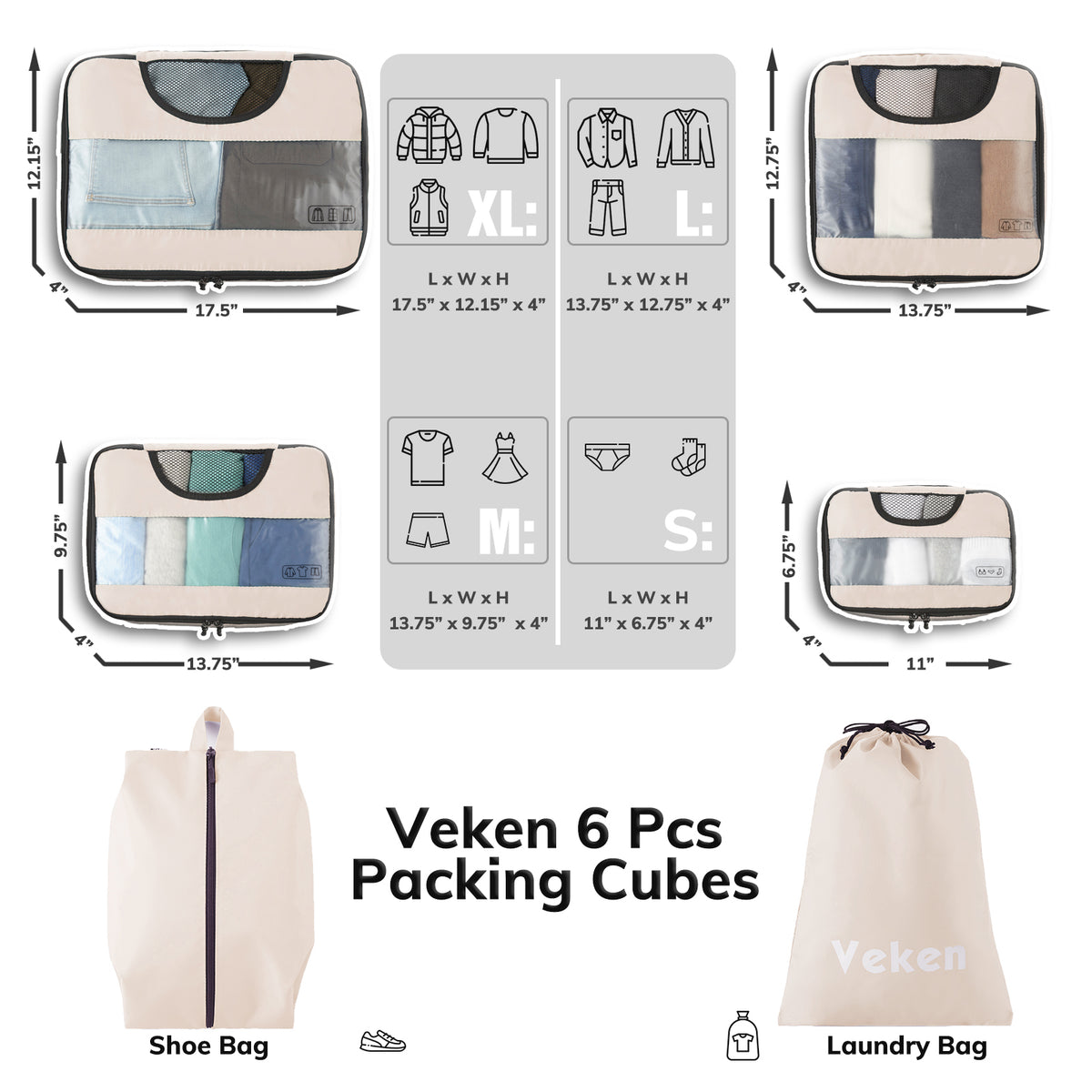 Packing Cubes | 6 Set | Color Cream | Veken - aborderproducts