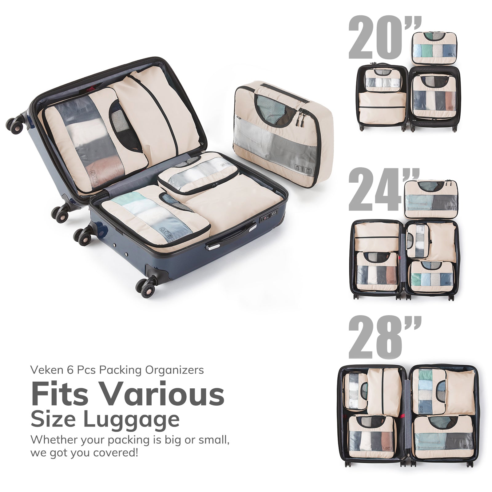 Packing Cubes | 6 Set | Color Cream | Veken - aborderproducts