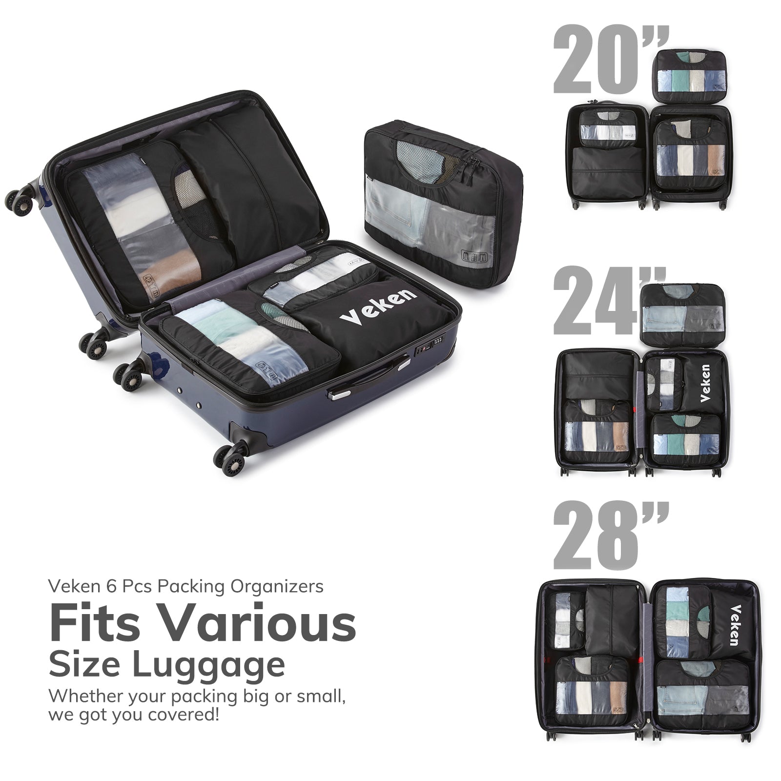 Packing Cubes | 6 Set | Color Jet Black | Veken - aborderproducts