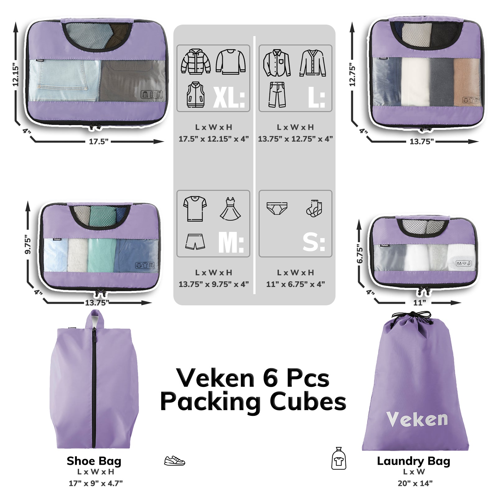 Packing Cubes | 6 Set | Color Purple| Veken - aborderproducts