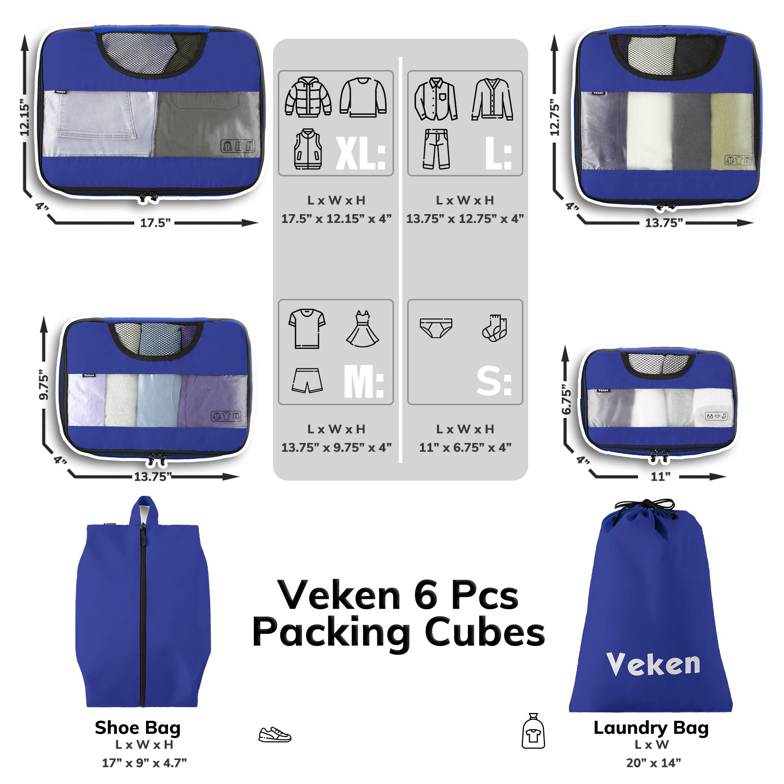 Packing Cubes | 6 Set | Color Klein Blue | Veken - aborderproducts
