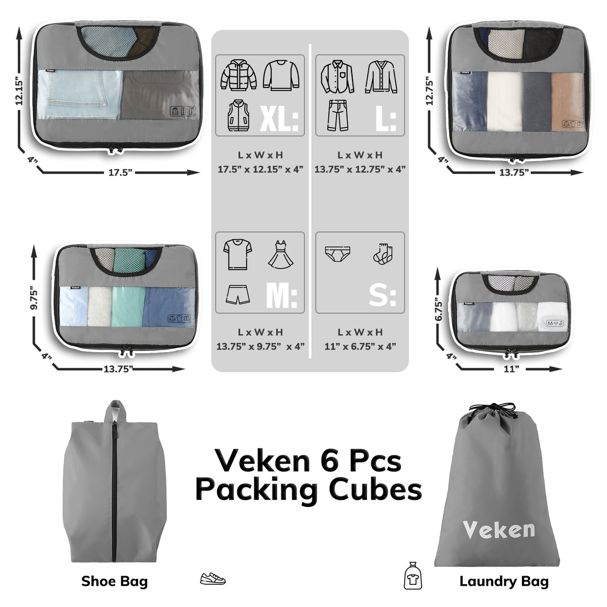 Packing Cubes | 6 Set | Color Gray | Veken - aborderproducts