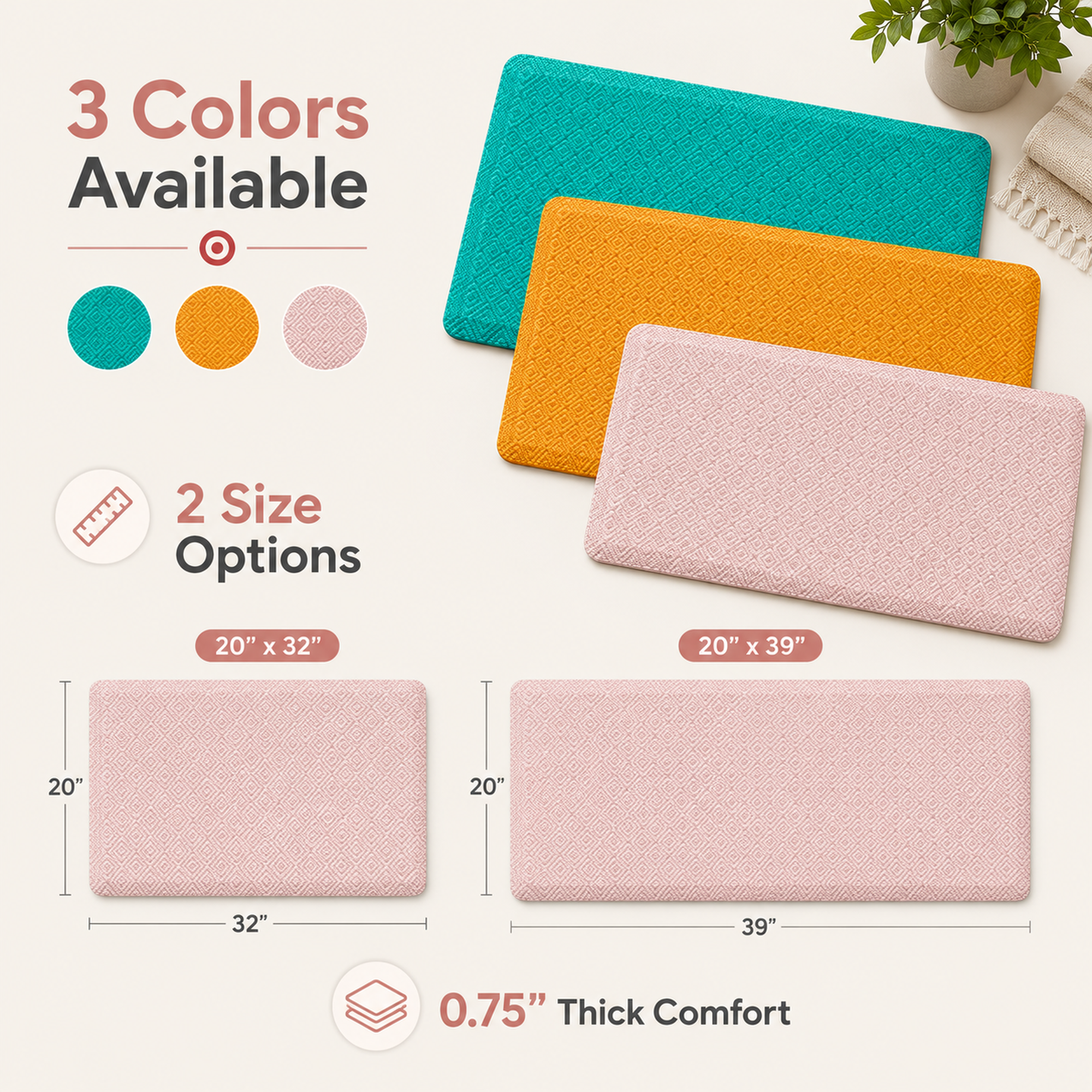 Ophanie Kitchen Mats for Floor 3/4" Anti Fatigue Cushioned Mat Waterproof Ergonomic Standing Rug with Non Slip Ridges, 17"x24"