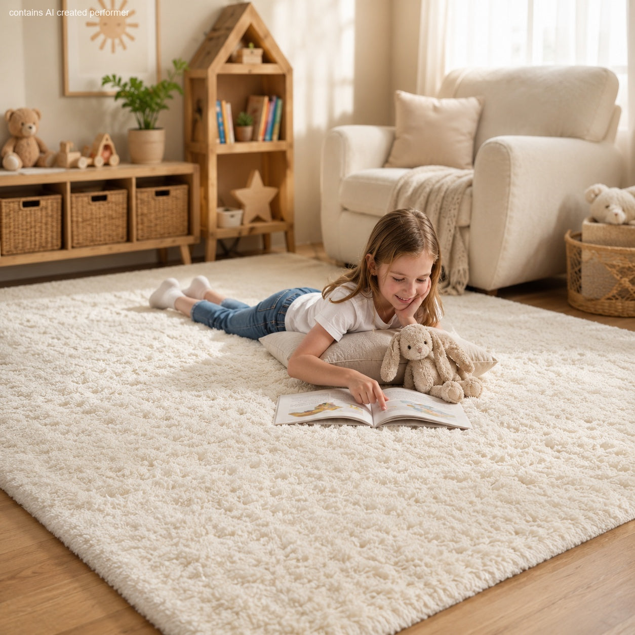 Ophanie Non Slip Ivory Shag Rug 4x6, Fluffy Area Rug for Bedroom Living Room, Soft Fuzzy Carpet for Kids Nursery, Plush Dorm Rug-zoom-1