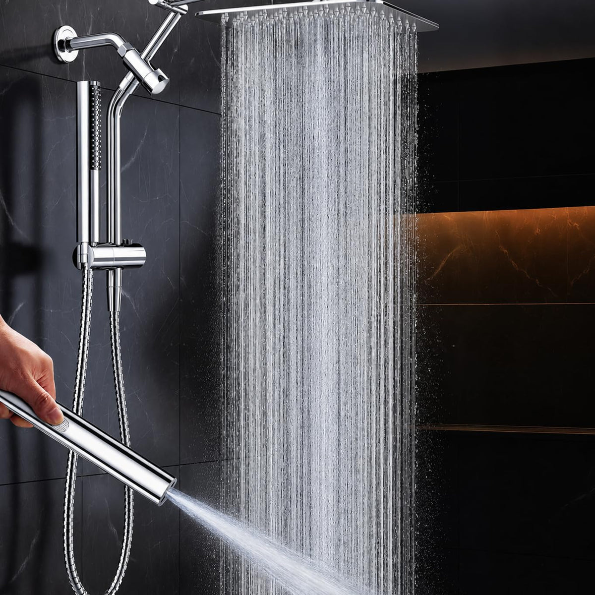 Veken All Metal Dual Shower Head Combo, High Pressure Square Rain Shower Head with Handheld Spray, Detachable Power Wash Wand, Adjustable Rainfall-zoom-10