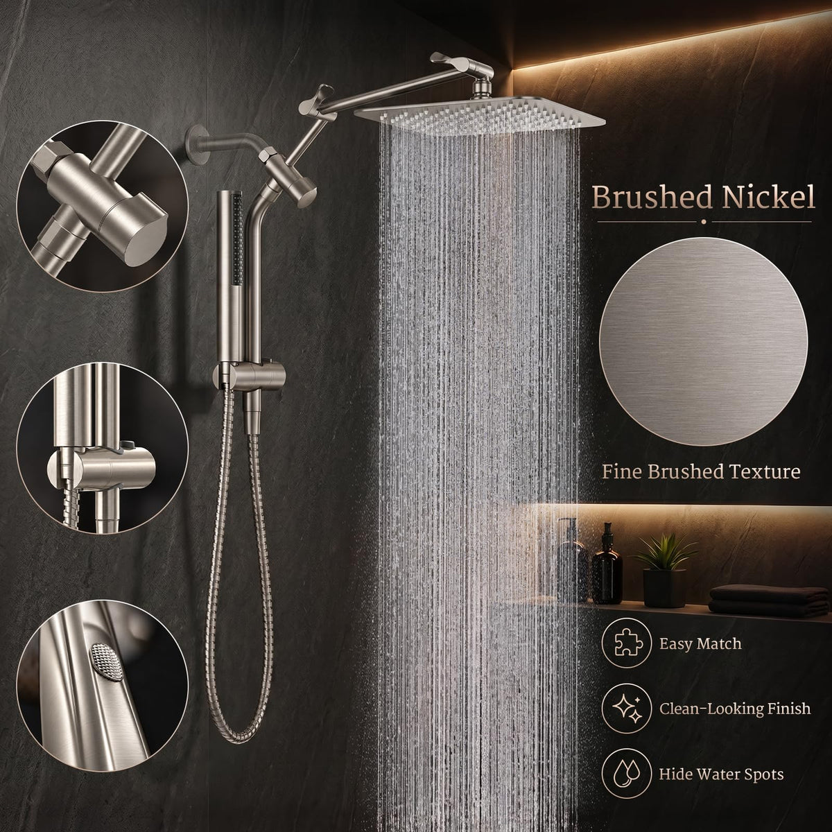Veken All Metal Dual Shower Head Combo, High Pressure Square Rain Shower Head with Handheld Spray, Detachable Power Wash Wand, Adjustable Rainfall-zoom-13