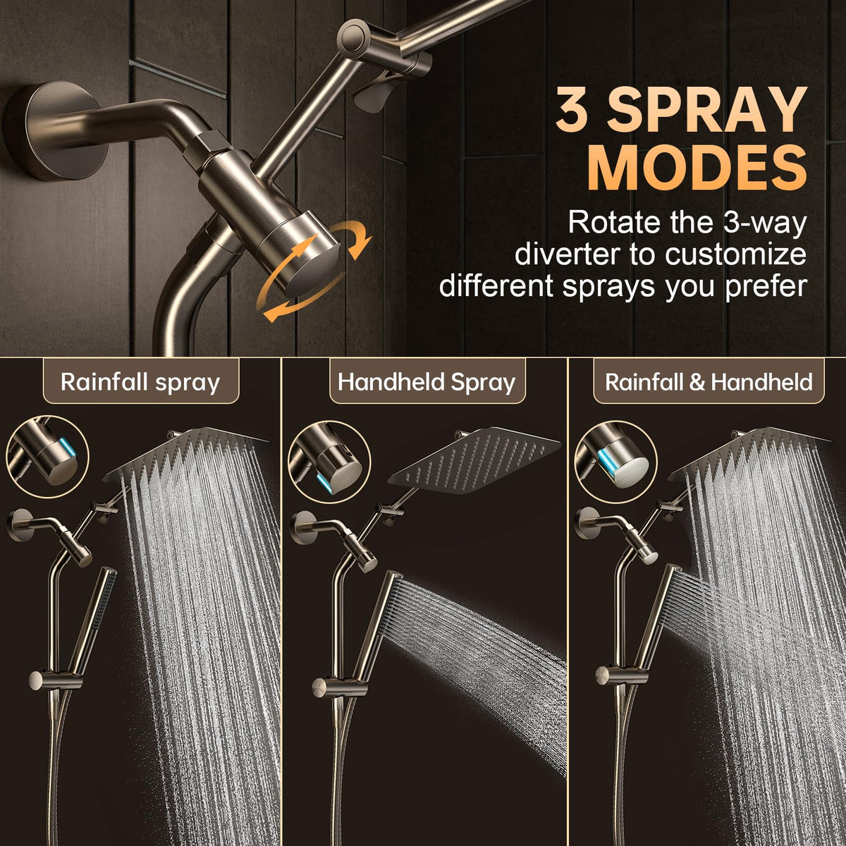 Veken All Metal Dual Shower Head Combo, High Pressure Square Rain Shower Head with Handheld Spray, Detachable Power Wash Wand, Adjustable Rainfall-zoom-6
