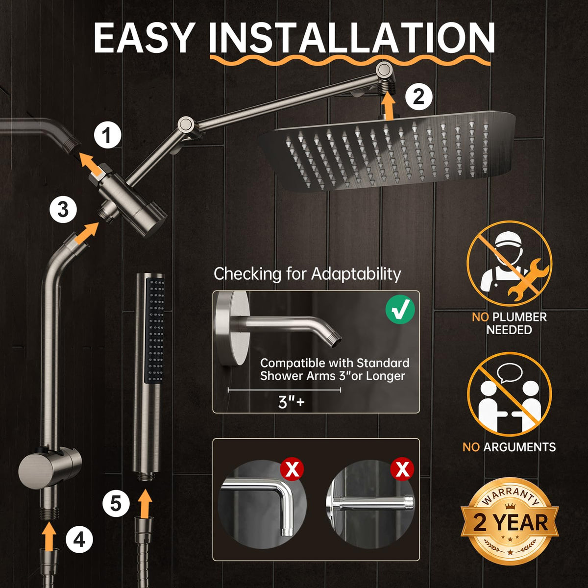 Veken All Metal Dual Shower Head Combo, High Pressure Square Rain Shower Head with Handheld Spray, Detachable Power Wash Wand, Adjustable Rainfall-2
