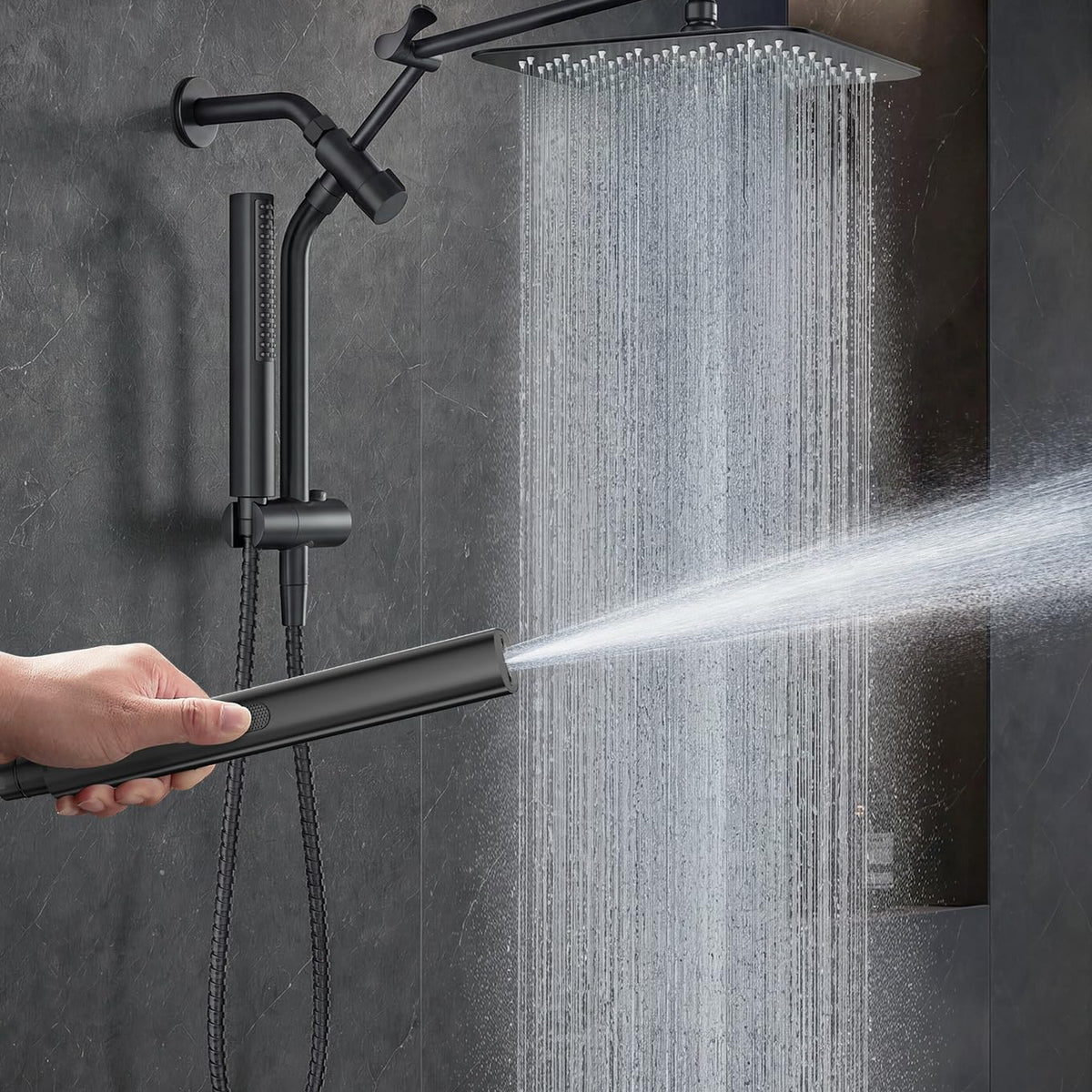 Veken All Metal Dual Shower Head Combo, High Pressure Square Rain Shower Head with Handheld Spray, Detachable Power Wash Wand, Adjustable Rainfall-zoom-9