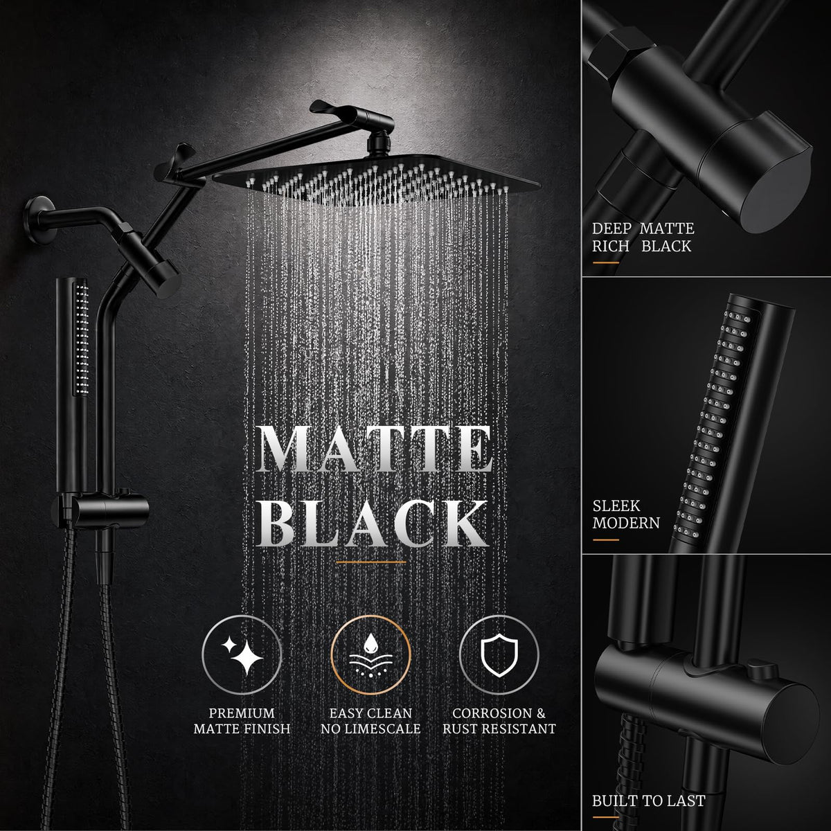 Veken All Metal Dual Shower Head Combo, High Pressure Square Rain Shower Head with Handheld Spray, Detachable Power Wash Wand, Adjustable Rainfall-15