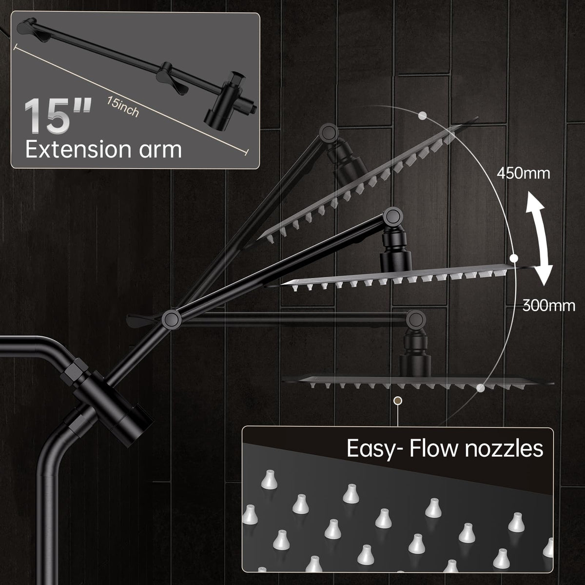 Veken All Metal Dual Shower Head Combo, High Pressure Square Rain Shower Head with Handheld Spray, Detachable Power Wash Wand, Adjustable Rainfall-zoom-4