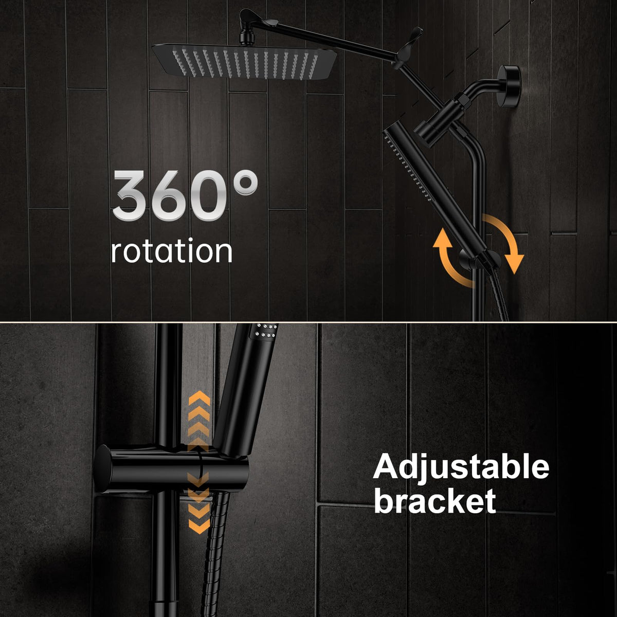 Veken All Metal Dual Shower Head Combo, High Pressure Square Rain Shower Head with Handheld Spray, Detachable Power Wash Wand, Adjustable Rainfall-zoom-5