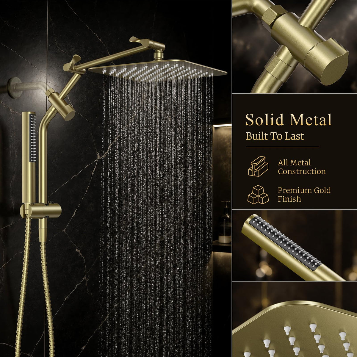 Veken All Metal Dual Shower Head Combo, High Pressure Square Rain Shower Head with Handheld Spray, Detachable Power Wash Wand, Adjustable Rainfall-zoom-12