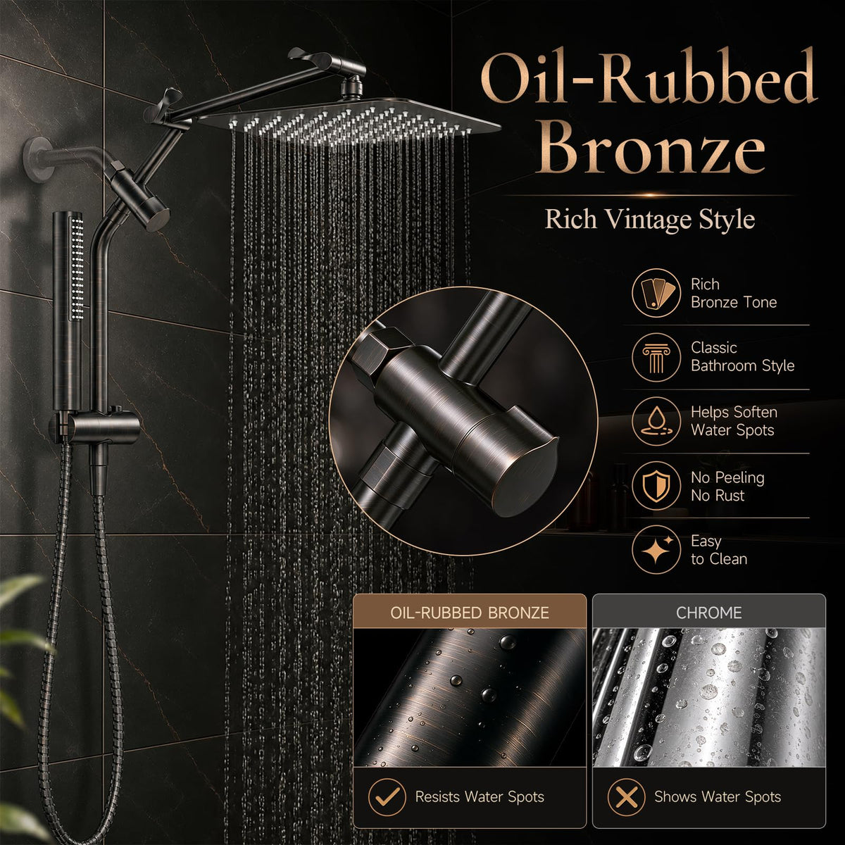 Veken All Metal Dual Shower Head Combo, High Pressure Square Rain Shower Head with Handheld Spray, Detachable Power Wash Wand, Adjustable Rainfall-zoom-14
