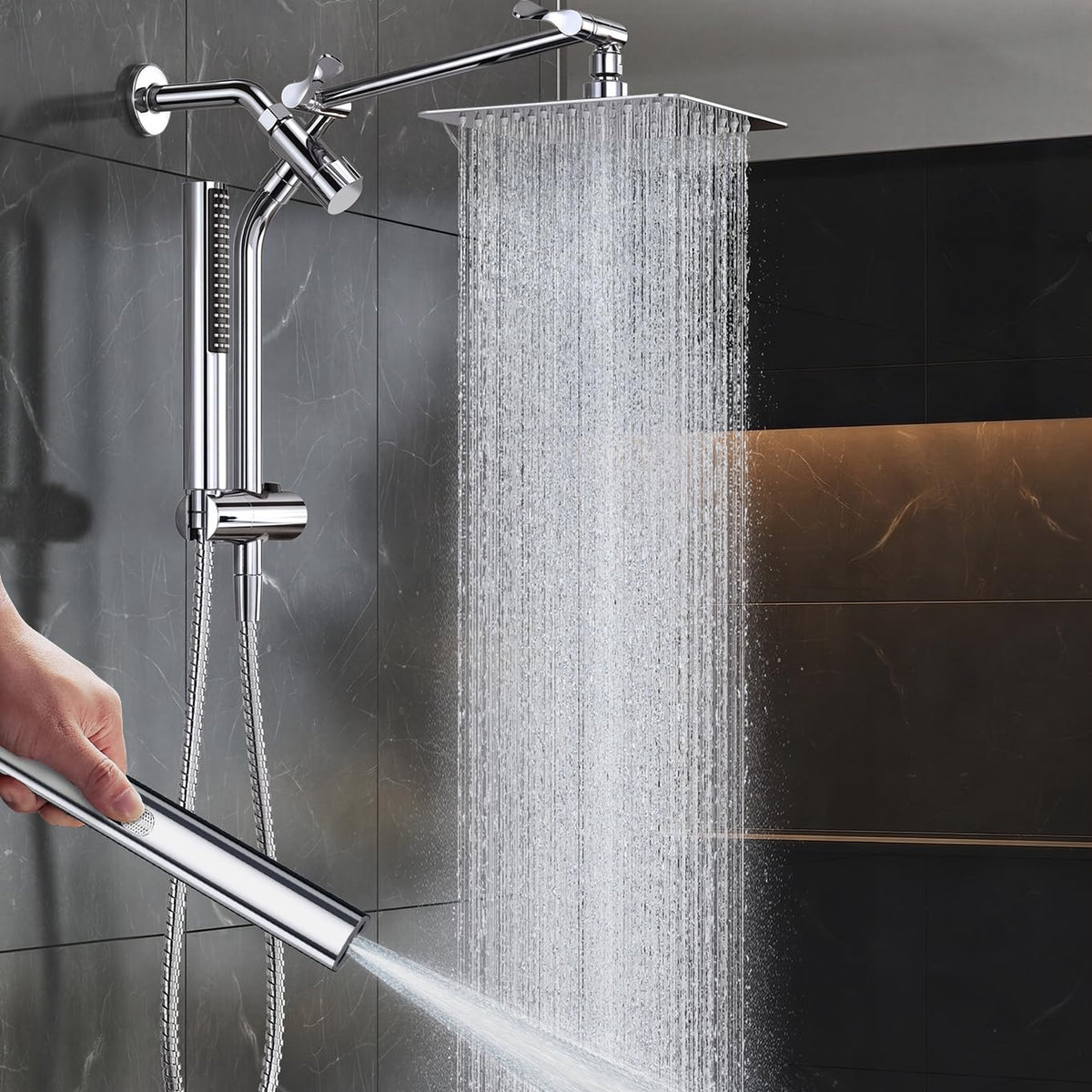 Veken All Metal Dual Shower Head Combo, High Pressure Square Rain Shower Head with Handheld Spray, Detachable Power Wash Wand, Adjustable Rainfall-zoom-1
