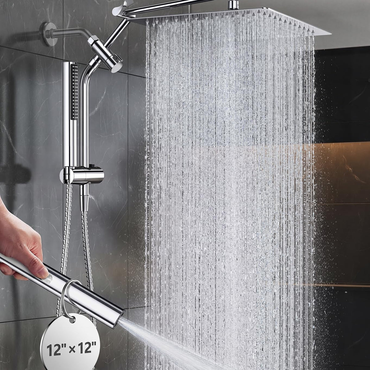 Veken All Metal Dual Shower Head Combo, High Pressure Square Rain Shower Head with Handheld Spray, Detachable Power Wash Wand, Adjustable Rainfall-11