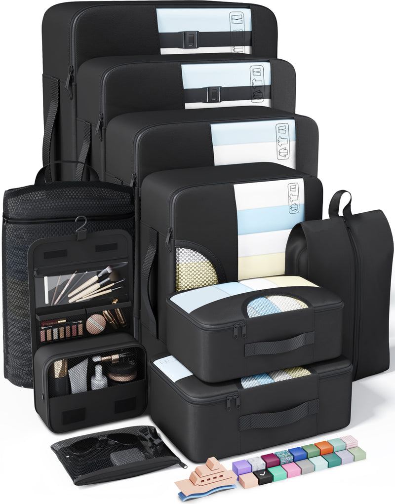 Veken 10 Set/8 Set Packing Cubes for Travel Essentials,Anti-Wrinkle Buckled Suitcase Organizer for Shoe & Toiletry Bag,Carry On Luggage Bag for Airplane & College Dorm Room Accessories,Women Men Gifts-zoom-