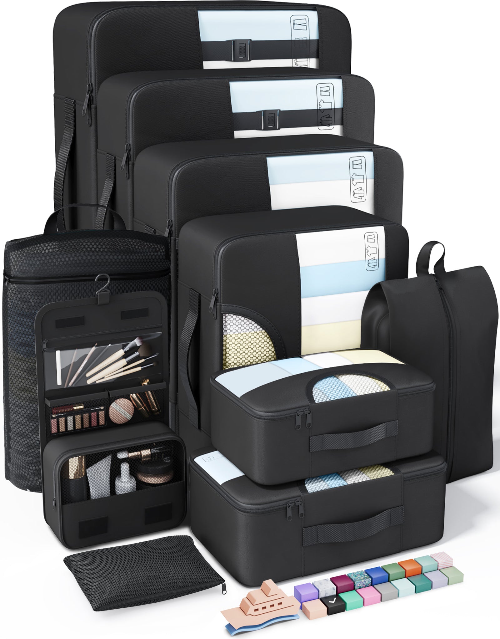 Veken 10 Set/8 Set Packing Cubes for Travel Essentials,Anti-Wrinkle Buckled Suitcase Organizer for Shoe & Toiletry Bag,Carry On Luggage Bag for Airplane & College Dorm Room Accessories,Women Men Gifts-zoom-77