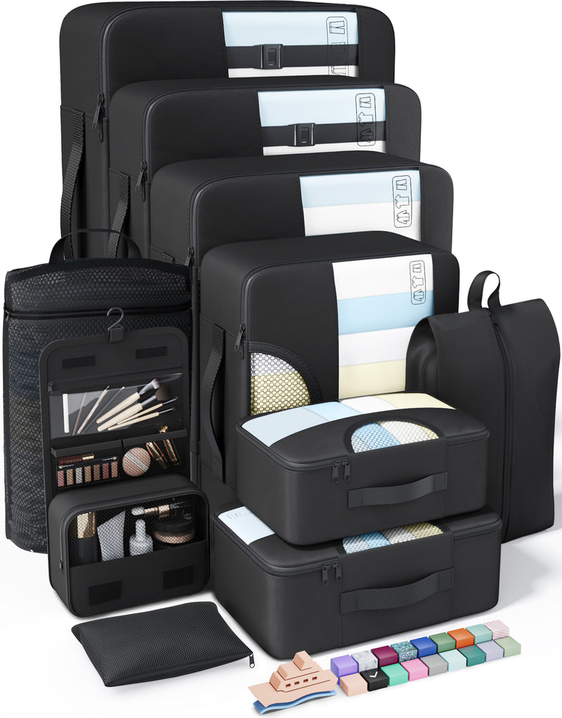 Veken 10 Set/8 Set Packing Cubes for Travel Essentials,Anti-Wrinkle Buckled Suitcase Organizer for Shoe & Toiletry Bag,Carry On Luggage Bag for Airplane & College Dorm Room Accessories,Women Men Gifts-zoom-