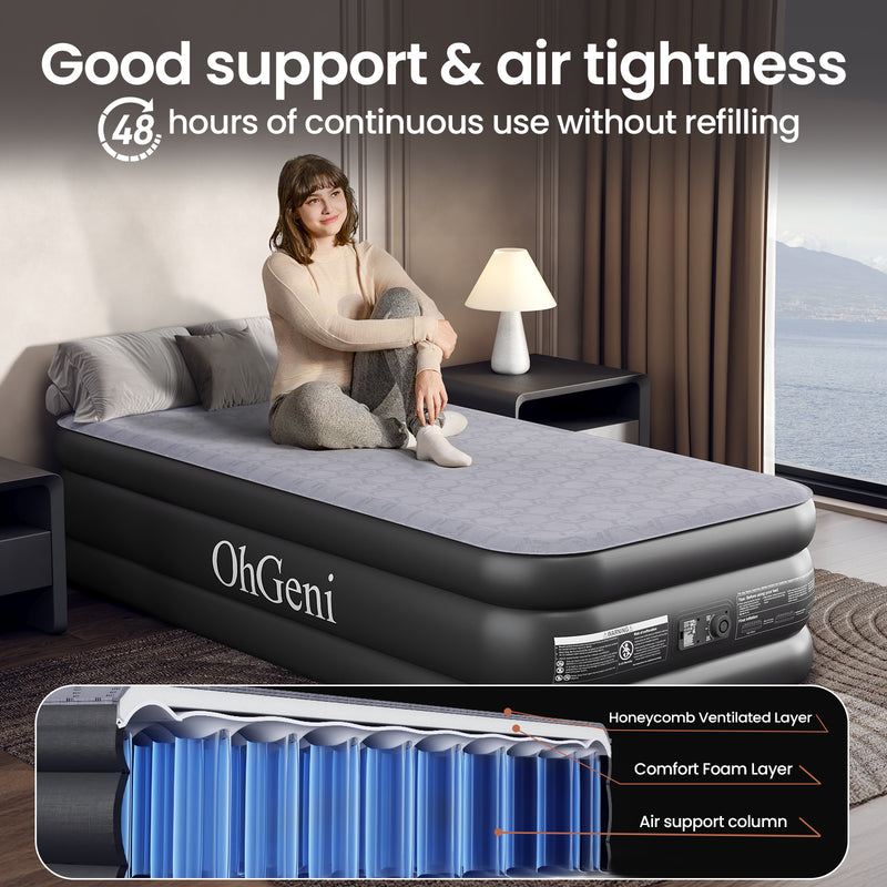 OhGeni | Air Mattress with Silk Foam Topper | Twin | 18"  | Black-zoom-