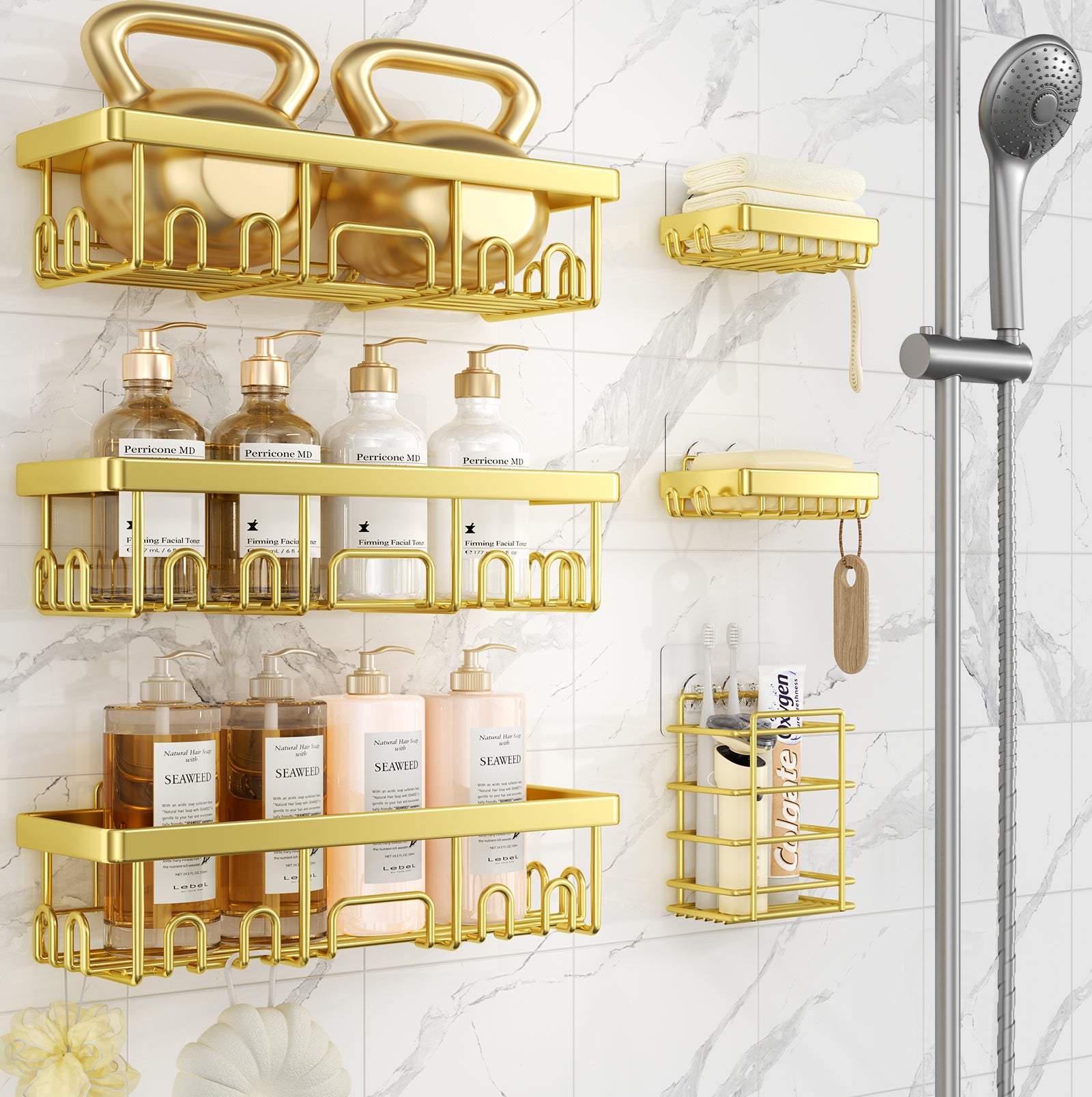 Veken Adhesive Shower Caddy 6-Pack,Gifts for Women Mom,Heavy Weight Bearing,Large Wall Mounted Bathroom Shelves Rack,Organizer Storage Accessories with Soap Dish&Toothbrush Holder,Bright Gold - aborderproducts