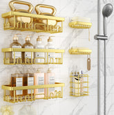 Veken Adhesive Shower Caddy 6-Pack,Gifts for Women Mom,Heavy Weight Bearing,Large Wall Mounted Bathroom Shelves Rack,Organizer Storage Accessories with Soap Dish&Toothbrush Holder,Bright Gold - aborderproducts