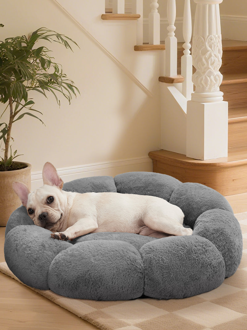 OhGeni 27 inches Calming Donut Dog & Cat Bed for Medium Pets, Warming Comfort Fluffy Short Pile Fur, Durable Waterproof Machine Washable Removable Cover, Cute Round Bed for Puppy and Kitten, Dark Gray-zoom-
