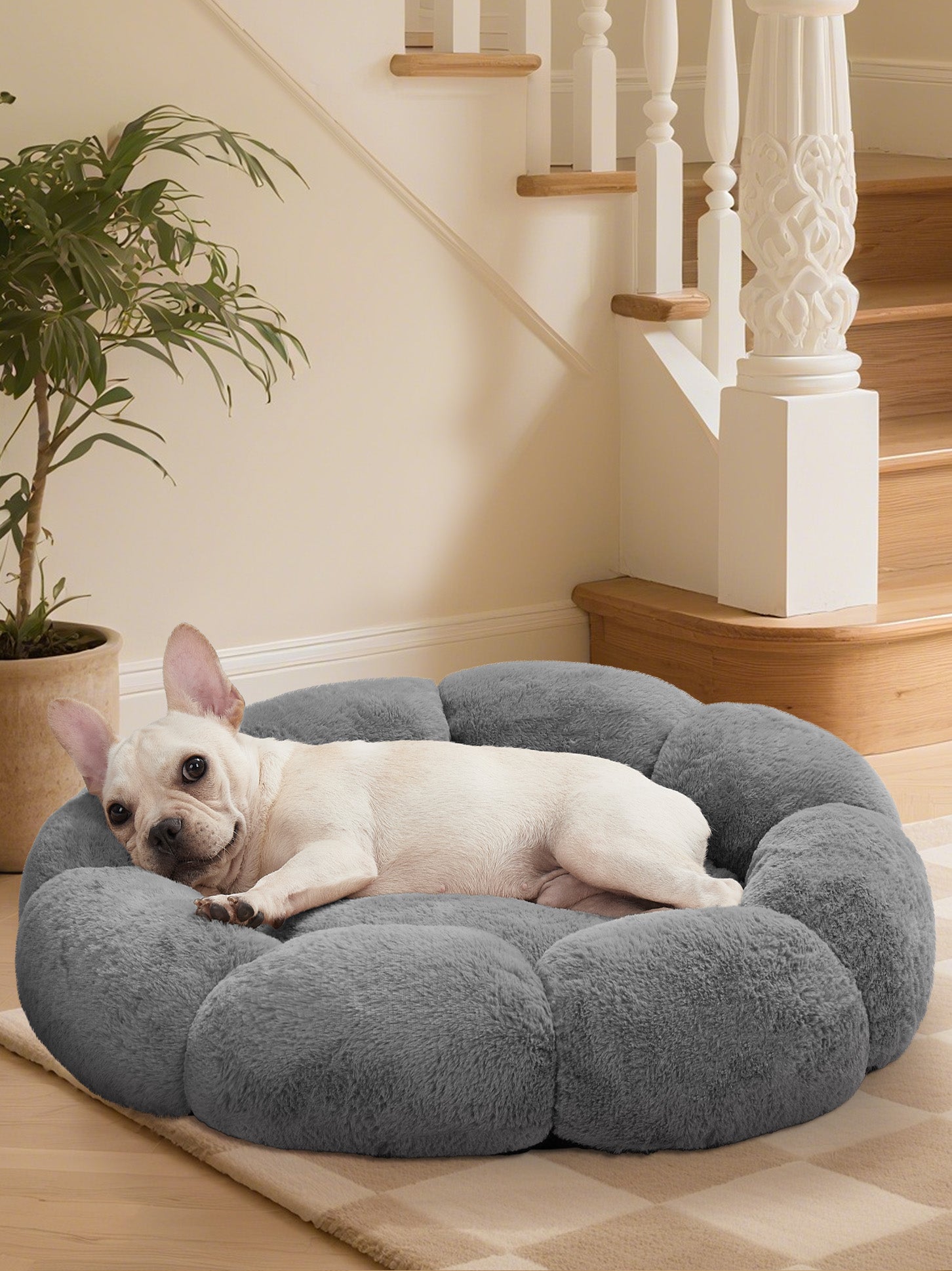 OhGeni 27 inches Calming Donut Dog & Cat Bed for Medium Pets, Warming Comfort Fluffy Short Pile Fur, Durable Waterproof Machine Washable Removable Cover, Cute Round Bed for Puppy and Kitten, Dark Gray - aborderproducts