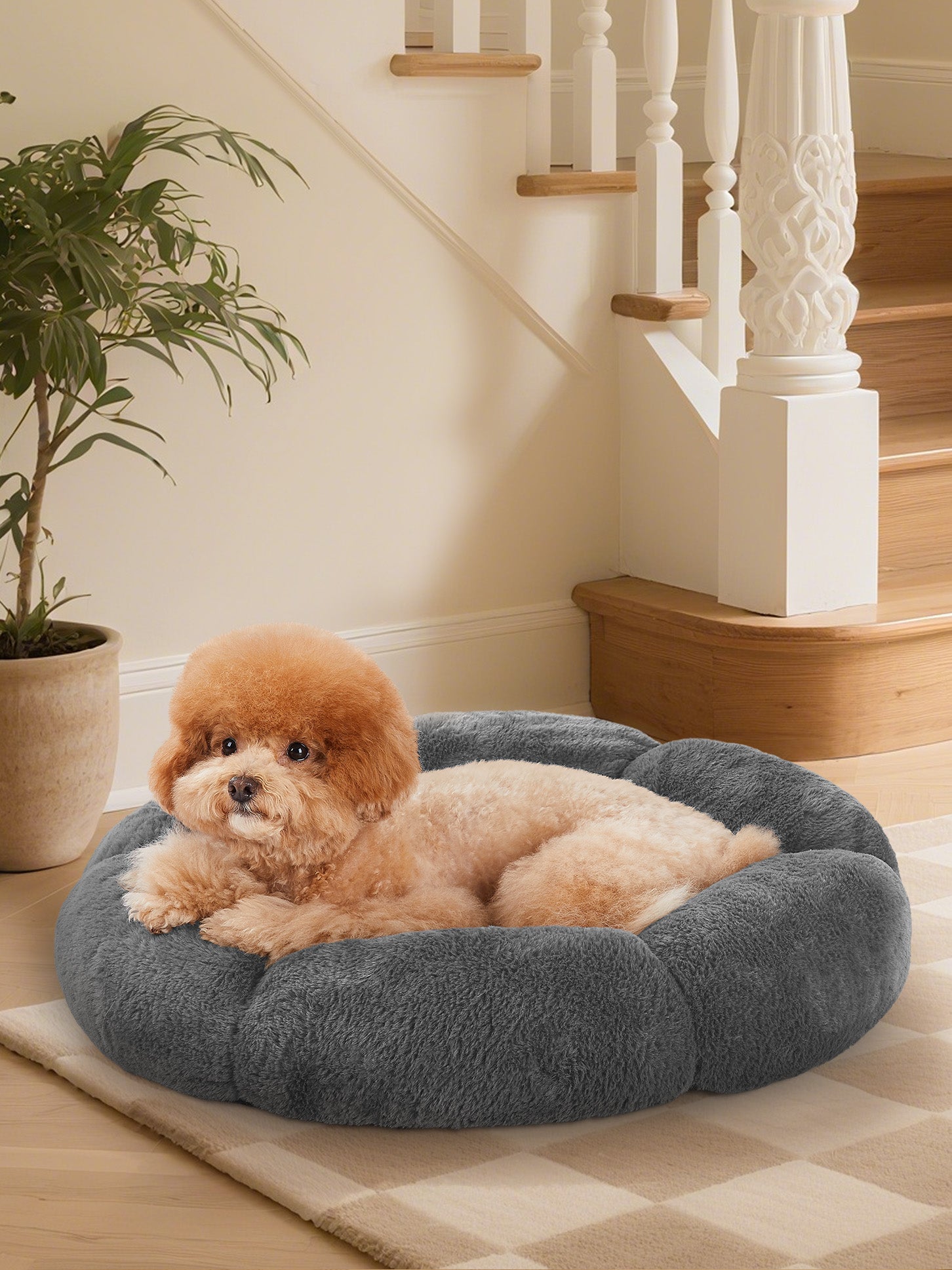 OhGeni 24 inches Calming Donut Dog & Cat Bed for Small Pets, Warming Comfort Fluffy Short Pile Fur, Durable Waterproof Machine Washable Removable Cover, Cute Round Bed for Puppy and Kitten, Dark Gray - aborderproducts