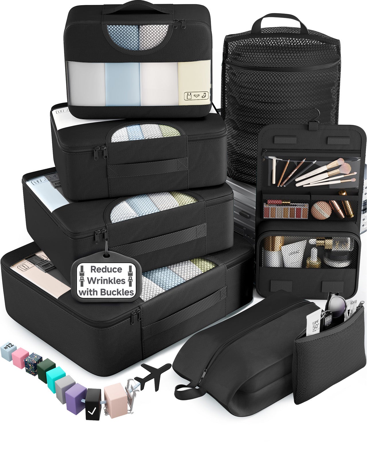 Veken 10 Set/8 Set Packing Cubes for Travel Essentials,Anti-Wrinkle Buckled Suitcase Organizer for Shoe & Toiletry Bag,Carry On Luggage Bag for Airplane & College Dorm Room Accessories,Women Men Gifts-zoom-89