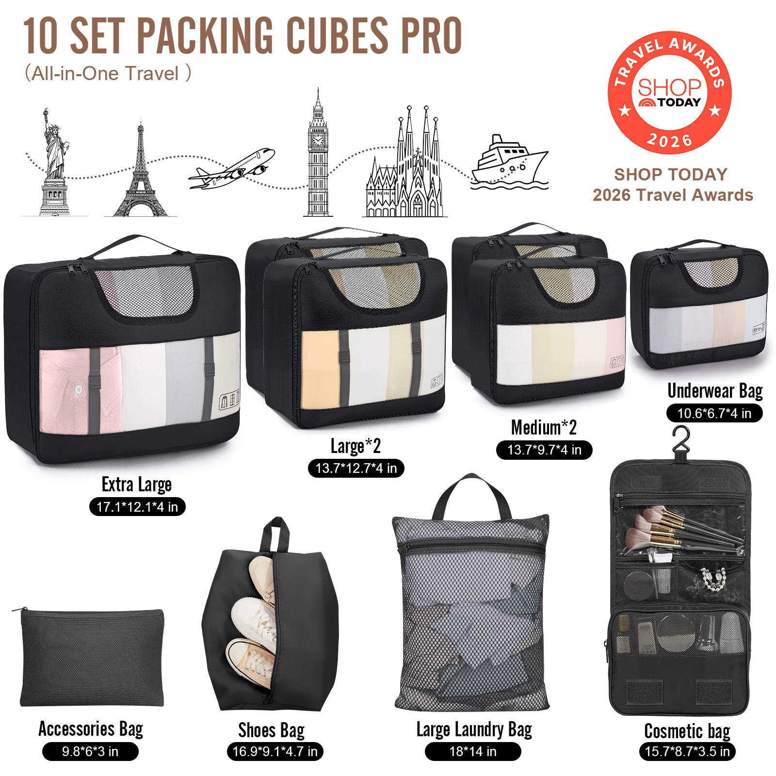Veken 10 Set/8 Set Packing Cubes for Travel Essentials,Anti-Wrinkle Buckled Suitcase Organizer for Shoe & Toiletry Bag,Carry On Luggage Bag for Airplane & College Dorm Room Accessories,Women Men Gifts-70