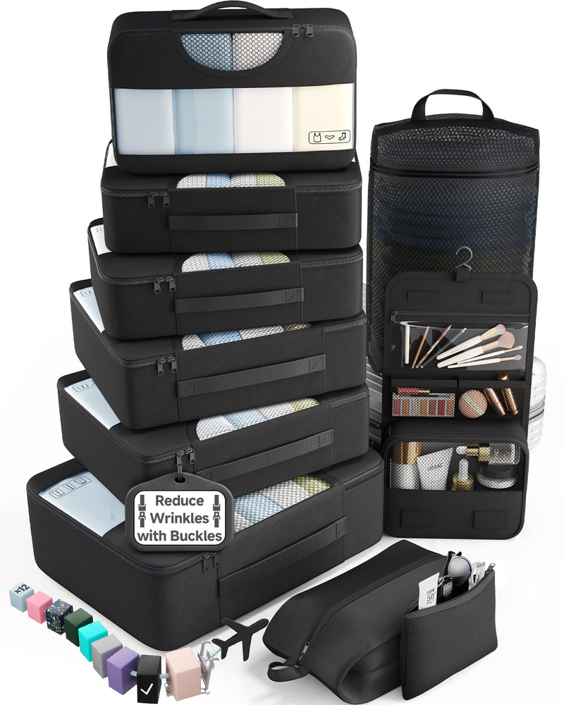 Veken 10 Set/8 Set Packing Cubes for Travel Essentials,Anti-Wrinkle Buckled Suitcase Organizer for Shoe & Toiletry Bag,Carry On Luggage Bag for Airplane & College Dorm Room Accessories,Women Men Gifts-zoom-