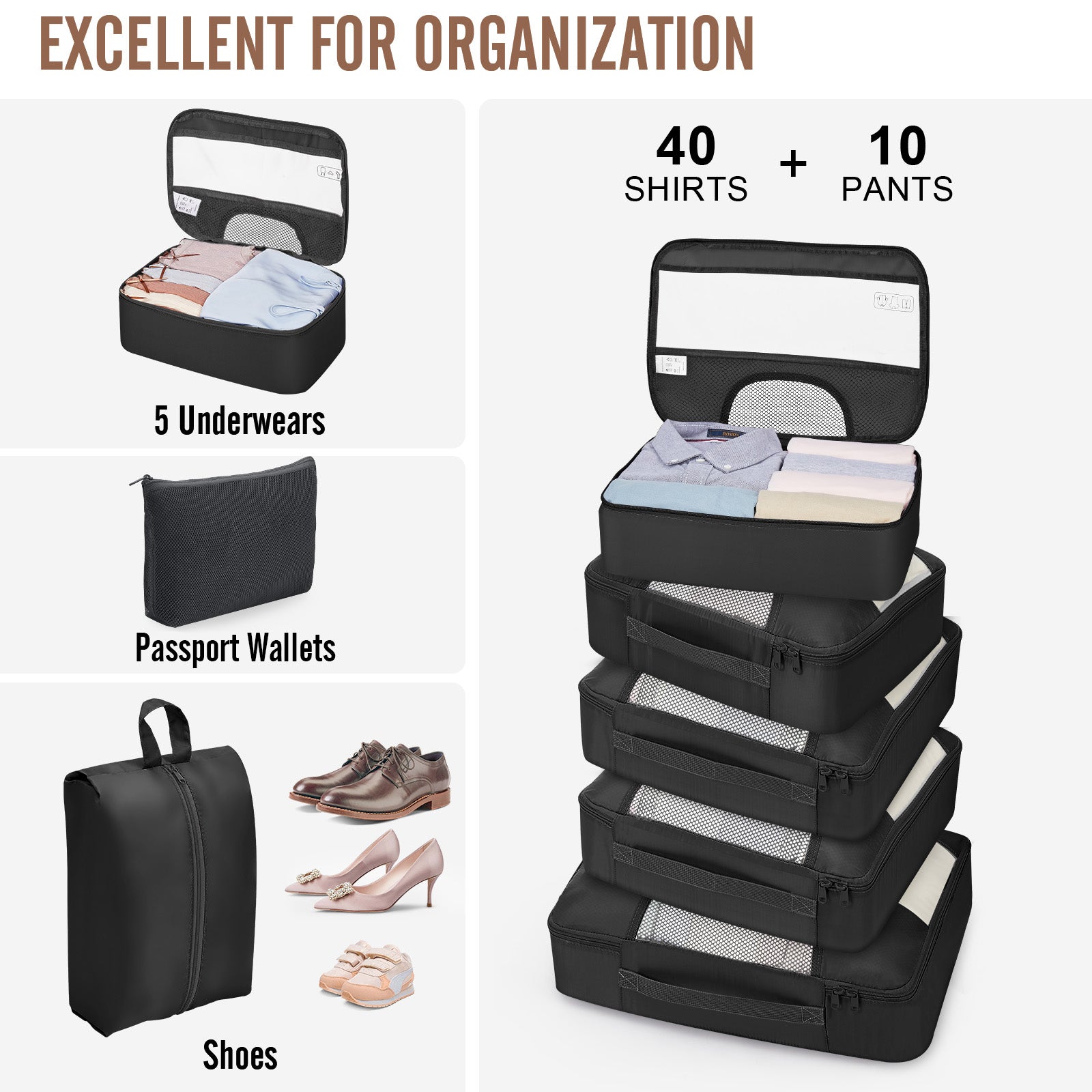 Veken 10 Set/8 Set Packing Cubes for Travel Essentials,Anti-Wrinkle Buckled Suitcase Organizer for Shoe & Toiletry Bag,Carry On Luggage Bag for Airplane & College Dorm Room Accessories,Women Men Gifts-zoom-73