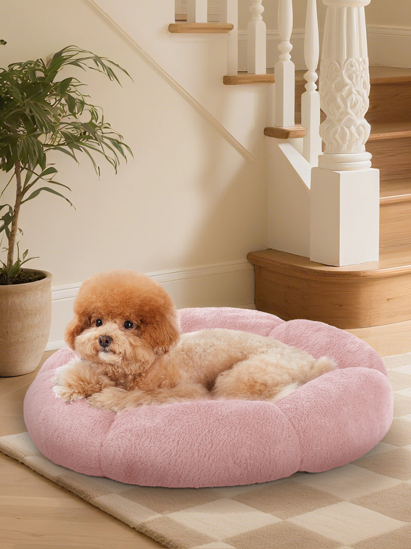OhGeni 24 inches Calming Donut Dog & Cat Bed for Small Pets, Warming Comfort Fluffy Short Pile Fur, Durable Waterproof Machine Washable Removable Cover, Cute Round Bed for Puppy and Kitten, Pink-zoom-
