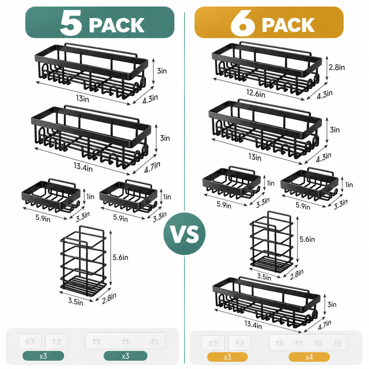 Veken Adhesive Shower Caddy Set, No-Drill Rust-Resistant Shower Shelves with Soap and Toothbrush Holders-4