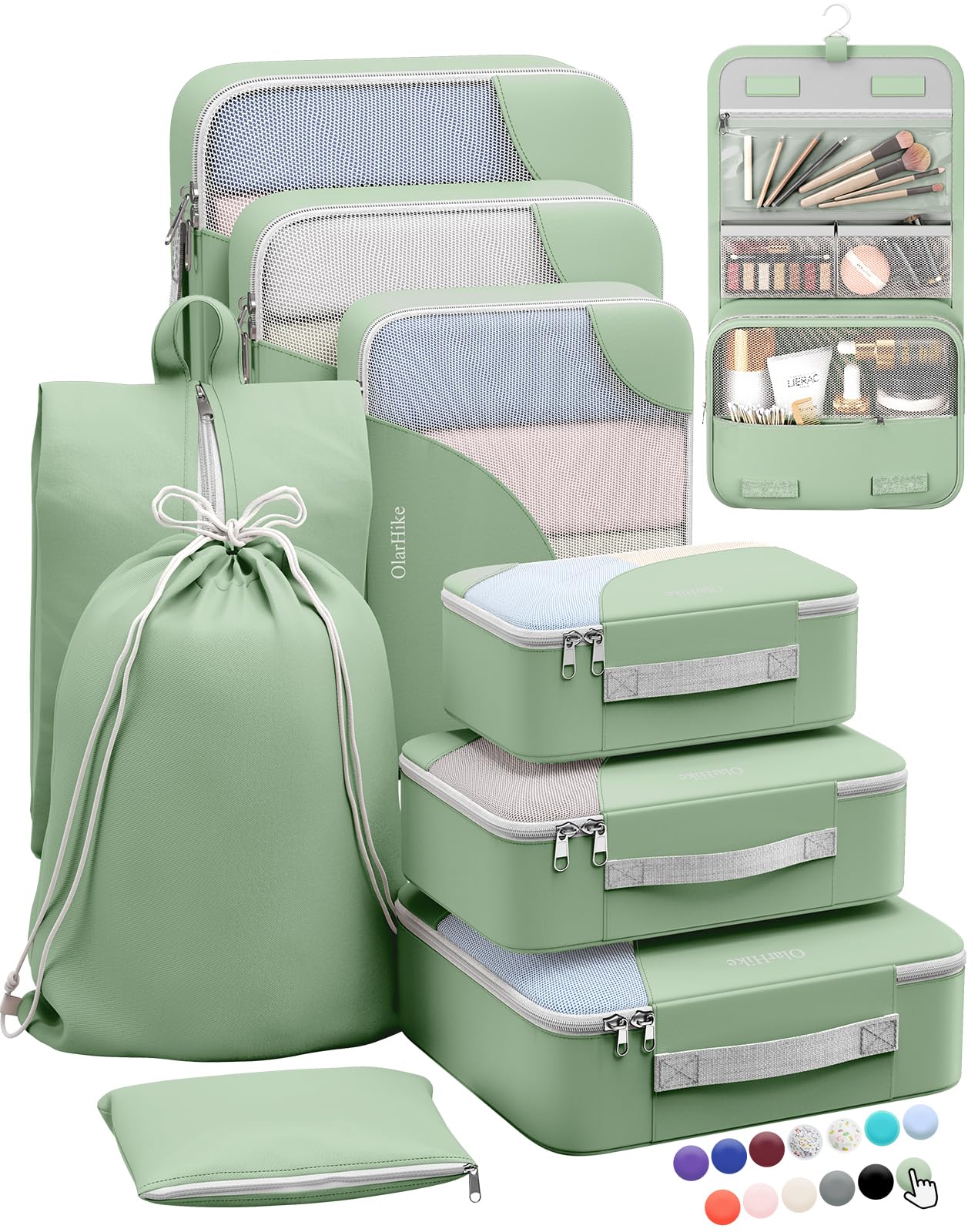 OlarHike 10 Piece Set Travel Packing Cubes | Matcha Green