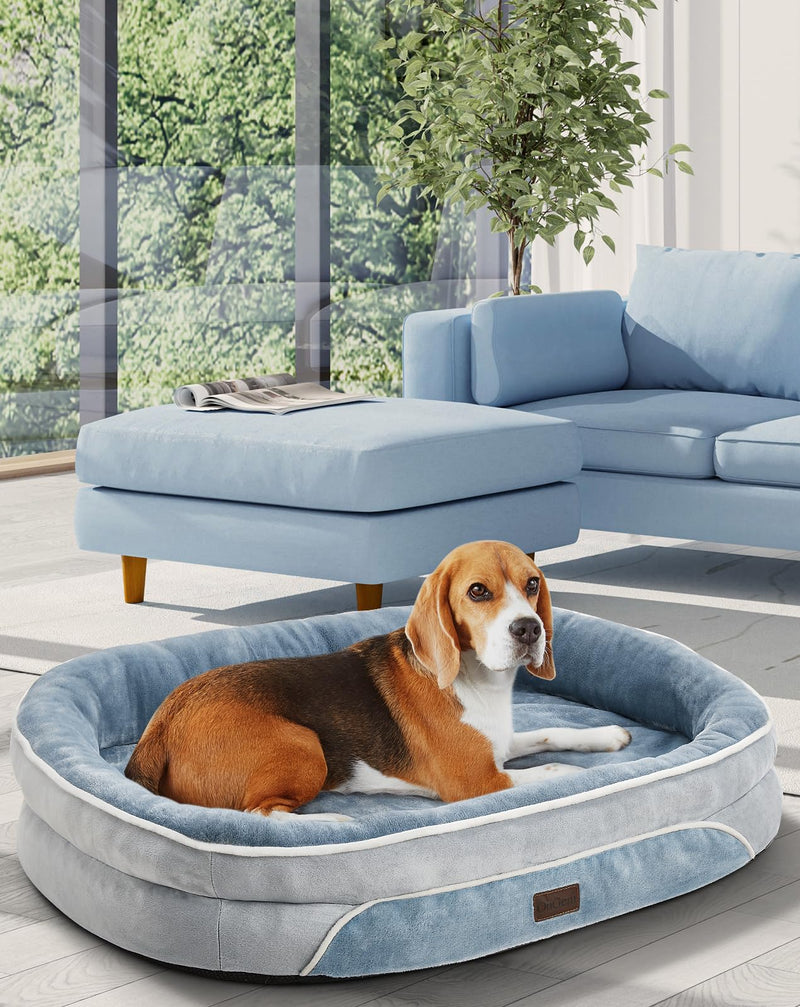 OhGeni | Orthopedic Dog Couch Bed | Large (35 x 28 x 6 Inch)| Washed Blue-zoom-