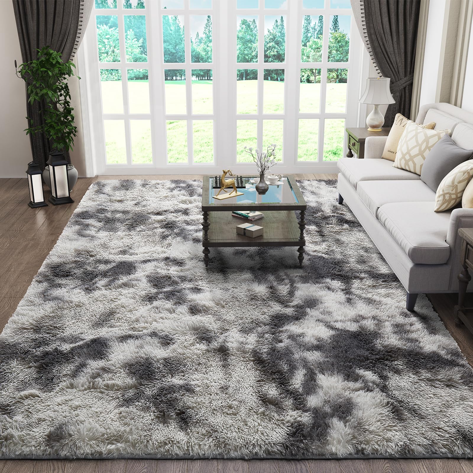 Ophanie Fluffy Shaggy Soft Area Rug | Tie Dyed Grey & White 5x7