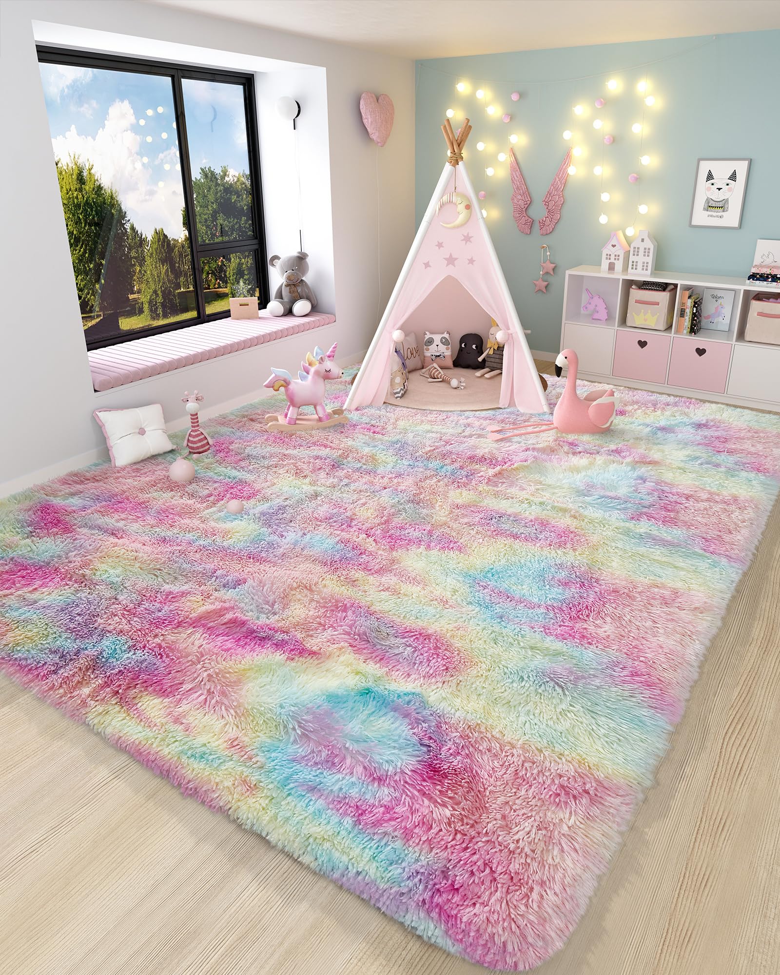 Ophanie Fluffy Shaggy Soft Area Rug | Rainbow 5x8