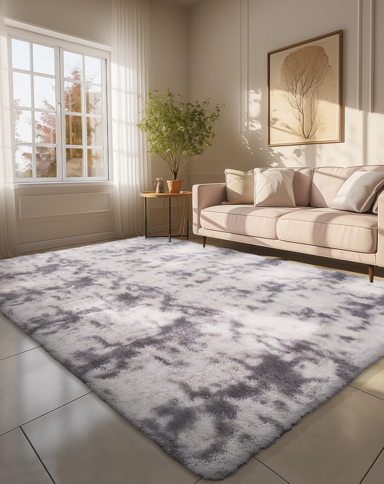 Ophanie Fluffy Shaggy Soft Area Rug | Tie Dyed Grey & White 6x9 - aborderproducts