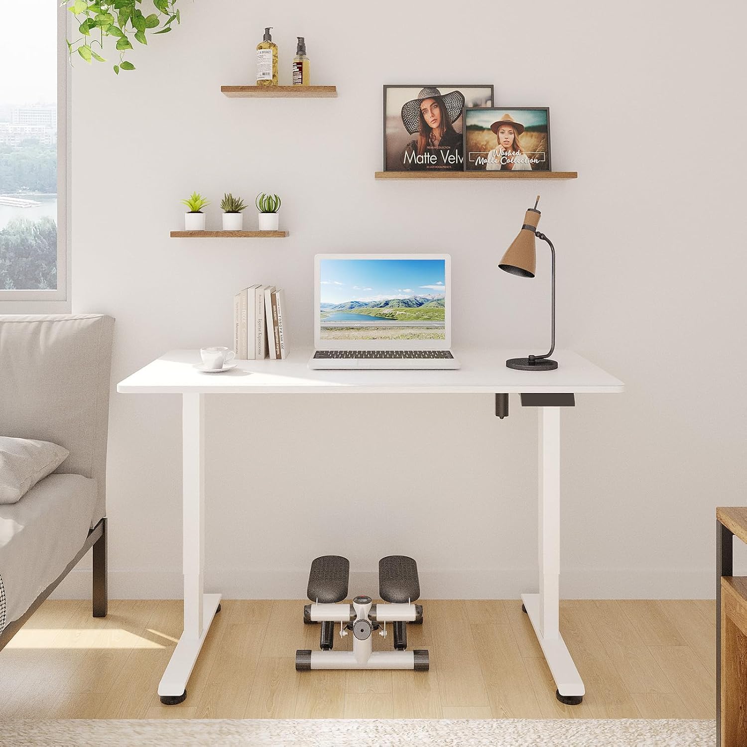 Veken Electric Standing Desk 47.2 Inch, Height Adjustable Sit Stand Desk, Wood Desktop Home Office Computer Gaming Table, White