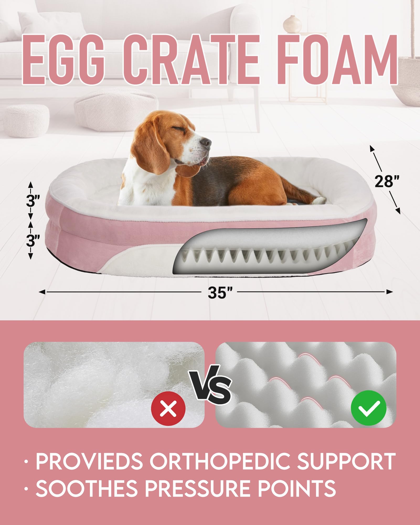 OhGeni | Orthopedic Dog Couch Bed | Large (35 x 28 x 6 Inch)| Pink - aborderproducts