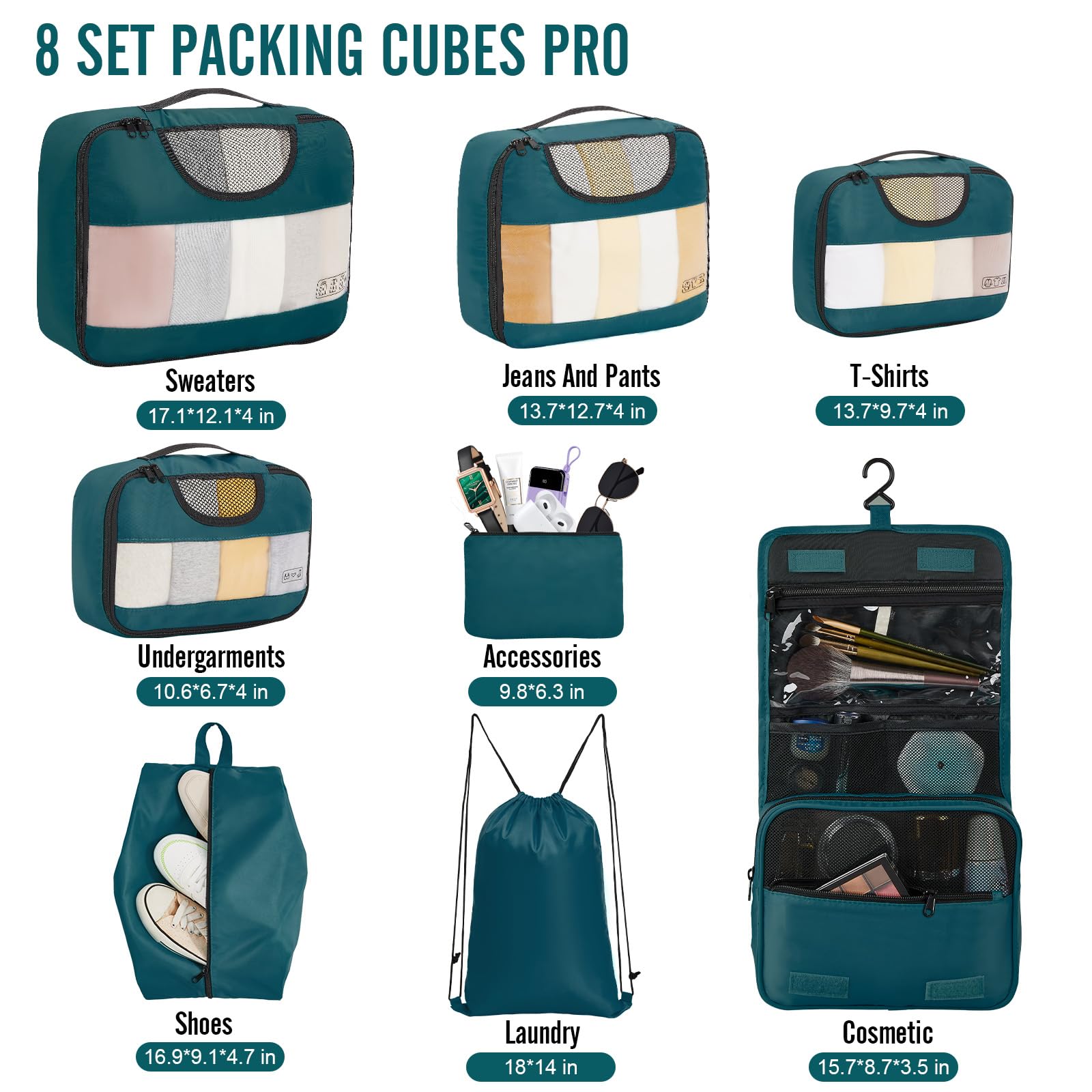 Veken 8 Piece Set Travel Packing Cubes | Dark Teal