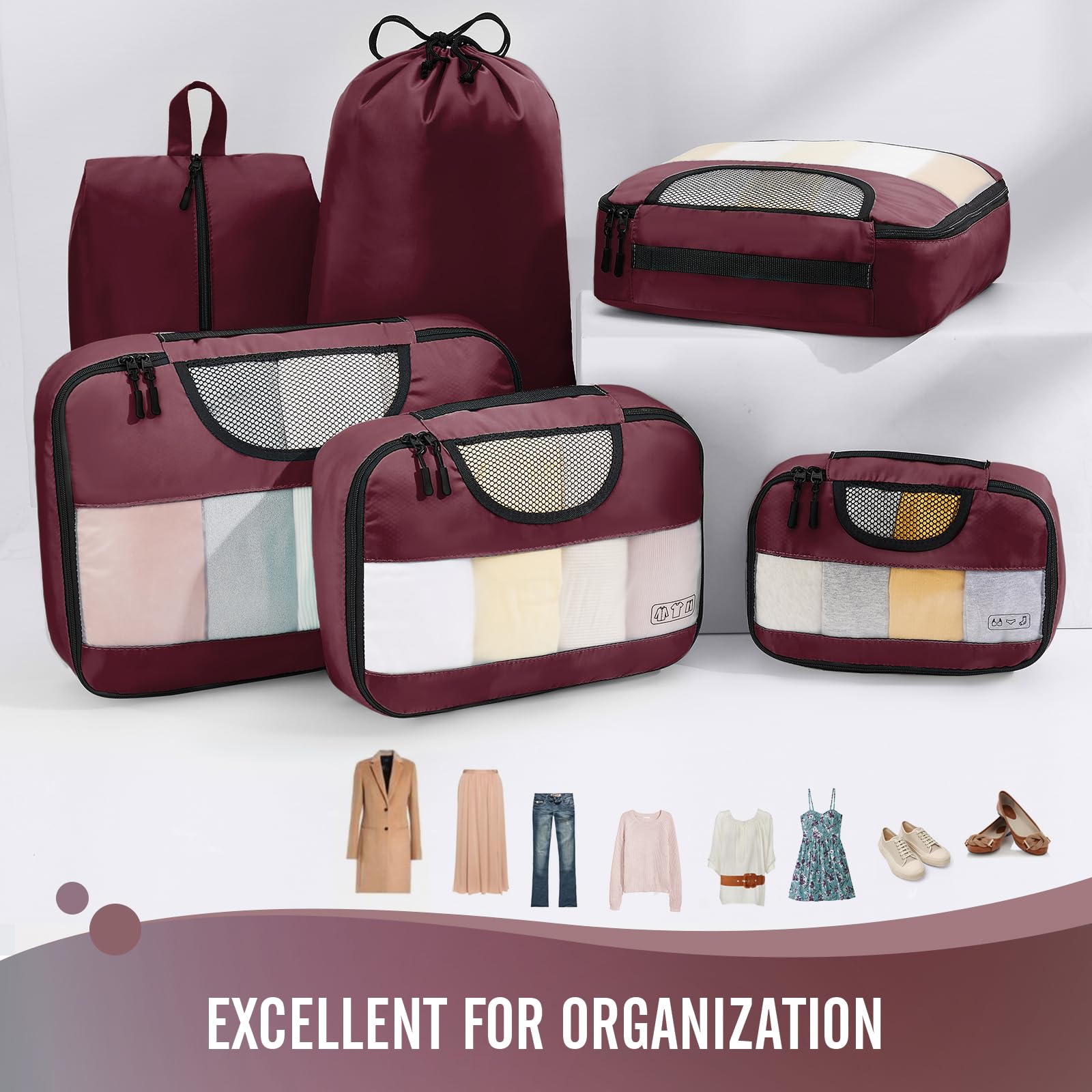 Veken Packing Cubes | 6 Set | Wine Red - aborderproducts