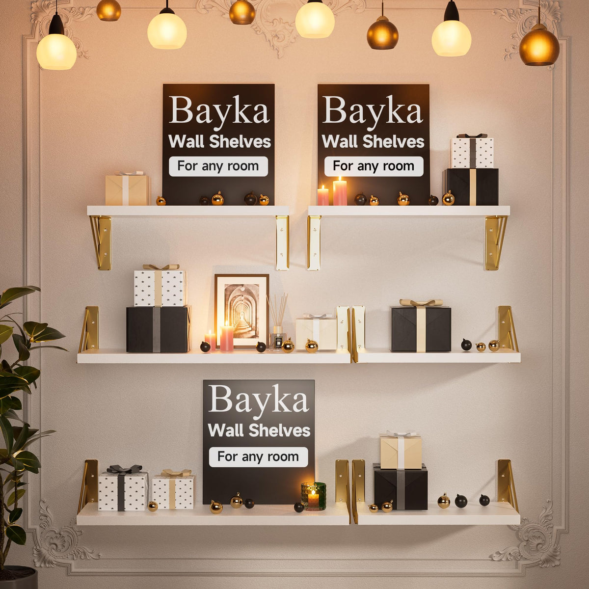 BAYKA | Floating Shelves | Set of 4 | White & Gold