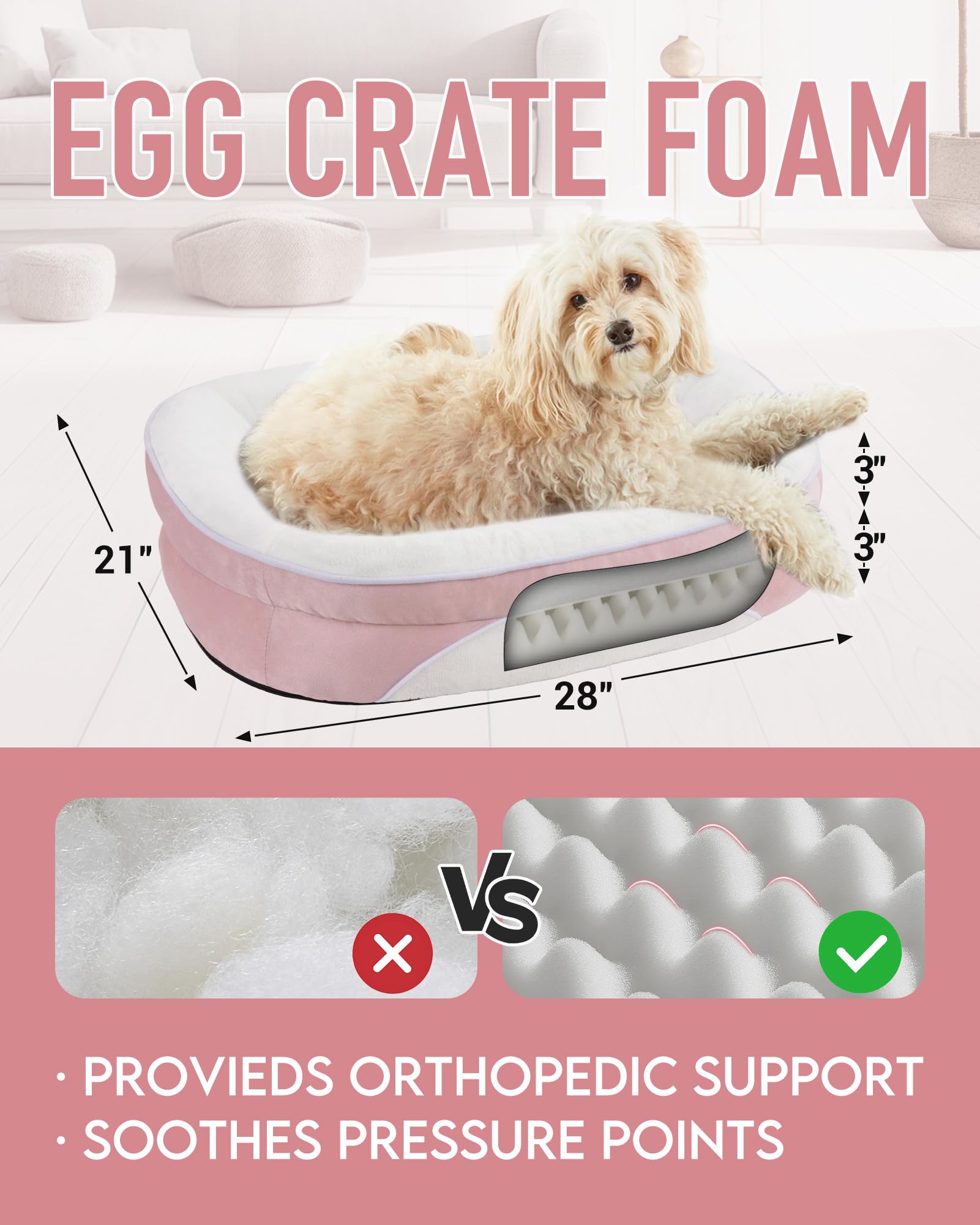 OhGeni | Orthopedic Dog Couch Bed | Medium (28 x 21 x 6 Inch)| Pink - aborderproducts