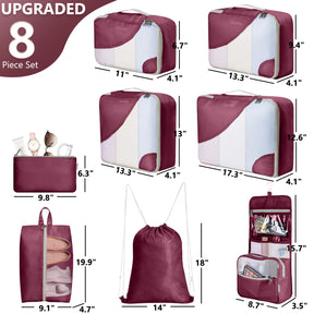 OlarHike 8 Piece Set Travel Packing Cubes | Burgundy