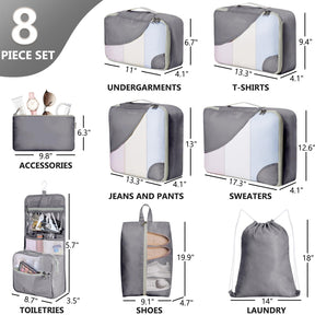 OlarHike 8 Piece Set Travel Packing Cubes | Grey