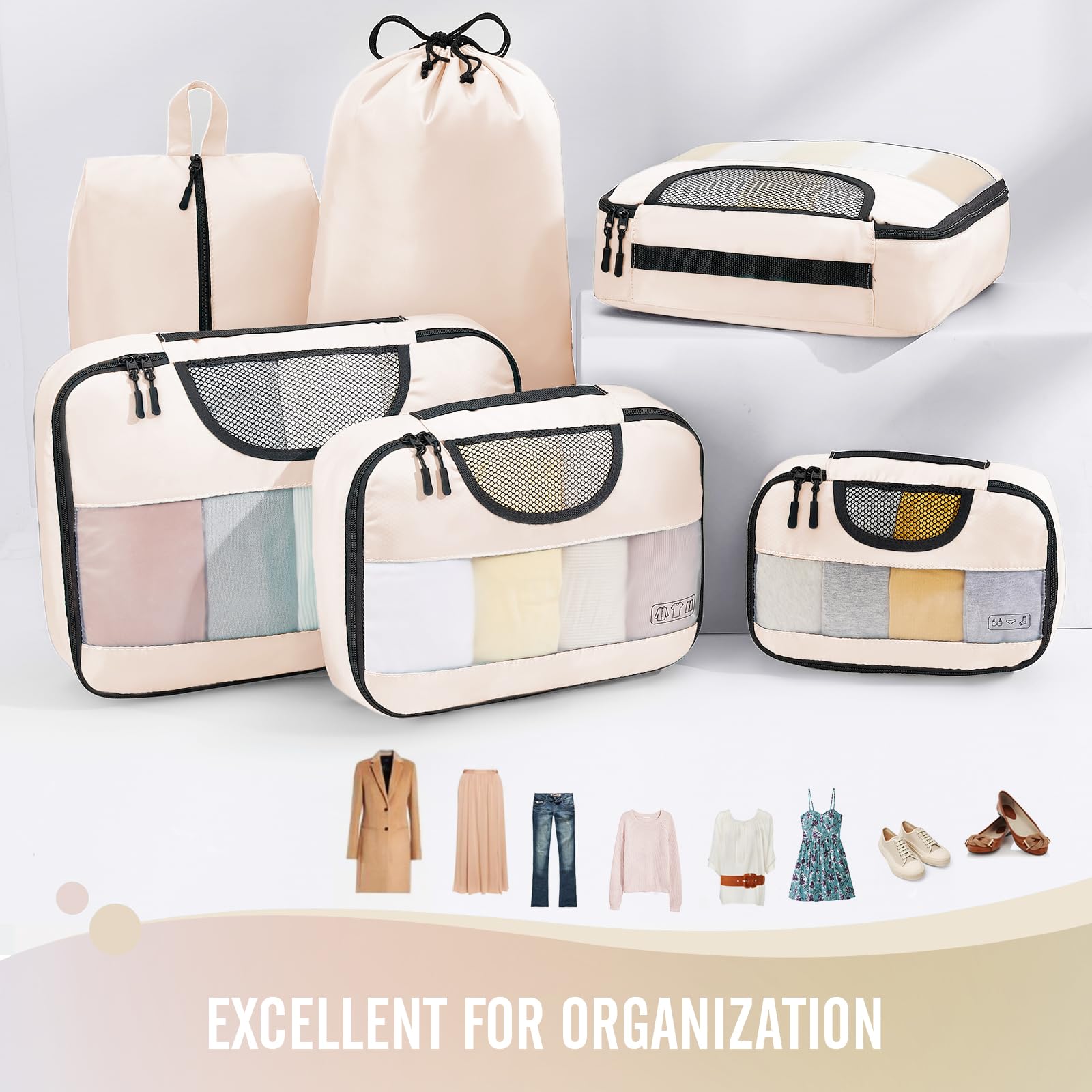 Veken Packing Cubes | 6 Set | Cream - aborderproducts